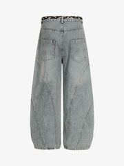 Denim Retro Belt Detail With Patchwork Barrel Jeans