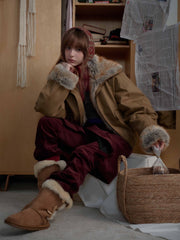 Retro Fur Collar Quilted Workwear Cotton Jacket