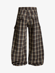 Vintage Plaid Pleated Multi-Pocket Cargo Casual Pants