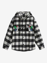 Vintage Black And White Plaid Angel Embroidered Hooded Shirt