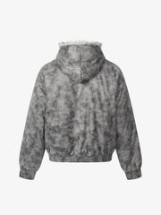 Faux Suede Vintage Wash Fur Hood Padded Jacket