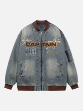 Alphabet Patch Embroidered Quilted Denim Bomber Jacket