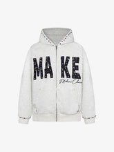 Retro Diamond Beaded Letter Zip Hooded Sweatshirt