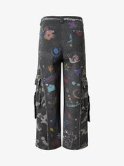 Graffiti Print Cold Transfer Camouflage Layered Cargo Jeans