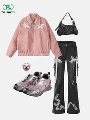 Bow Cropped Faux Leather Jacket