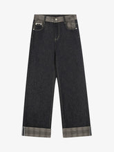 Denim Vintage Patchwork Plaid Cuffed Straight-Leg Jeans