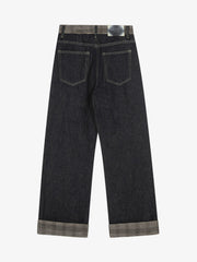 Denim Vintage Patchwork Plaid Cuffed Straight-Leg Jeans