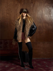 Retro Punk Rock Oversized Fur Collar Stitching Leather Cotton Jacket