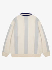 Vertical Striped Colorblock Lapel Sweater