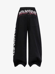 Retro Letter Print Drawstring Straight-Leg Wide Pants