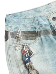 Distressed Washed Ink-Splashed Chain Print Baggy Jeans
