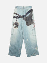 Distressed Washed Ink-Splashed Chain Print Baggy Jeans