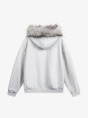 Detachable Fur Collar Half-Zip Printed Hooded Cardigan Sweatshirt
