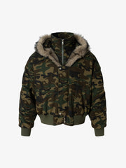 Vintage Camouflage Fur Collar Quilted Hooded Bomber Jacket