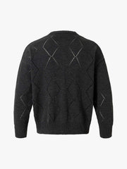 Retro Diamond Check Hollow Knit Cardigan Sweater
