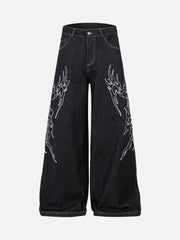 Embroidered Flame Baggy Jeans