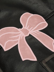 Embroidery Bow Faux Leather Jacket