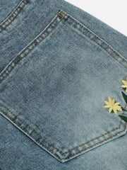 Embroidery Flower Washed Jeans