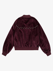 Vintage Velvet Pearl Embellished Bomber Jacket