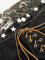 Leopard Star Print Double Waist Tie Jeans
