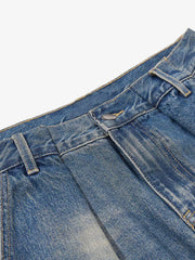 Vintage Washed Pleated Wide-Leg Jeans