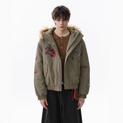 Retro Badge Embroidered Fur Collar Bomber Jacket