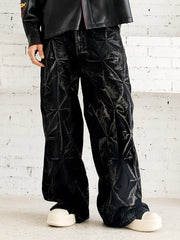 Heavy Washed Distressed Pleated Baggy Jeans