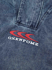 High-Neck Hooded Wash Denim Jacket