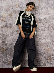 Deconstructed Contrast Stitching Pleated Baggy Barrel Jeans