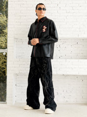 Denim Heavy Washed Distressed Pleated Baggy Jeans