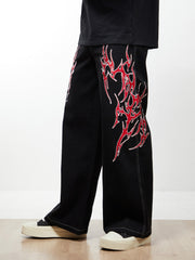 Contrast Flame Embroidered Baggy Jeans