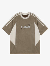 Suede Contrast Color Spliced Letter Embroidery Oversize T-Shirt