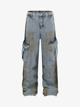 Washed Distressed Pleated Cargo Jeans