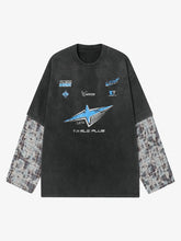 Washed Faux Two-Piece Racing Long Sleeve T-shirt