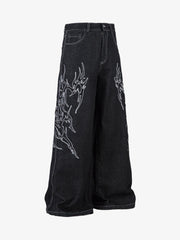 Denim Embroidered Flame Baggy Jeans