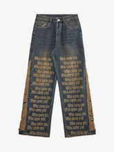 Washed Distressed 'Who Cares You' Print Straight Jeans