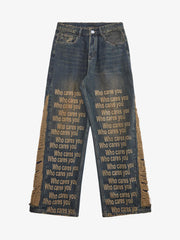 Washed Distressed 'Who Cares You' Print Straight Jeans