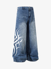 Washed Print Straight Jeans
