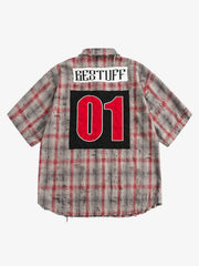 Distressed Patch Plaid Short-Sleeve Shirt