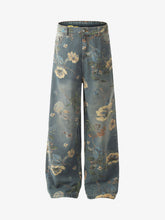 Denim Floral Print Carpenter Jeans