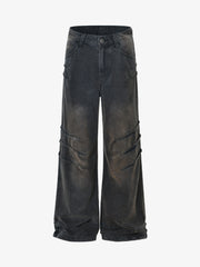 Washed Pleated Straight Jeans