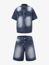 Distressed Washed Workwear Denim Shirt And Jorts Set