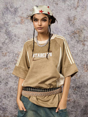 Suede Contrast Color Spliced Letter Embroidery Oversize T-Shirt