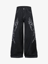 Denim Embroidered Flame Baggy Jeans