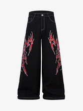 Contrast Flame Embroidered Baggy Jeans
