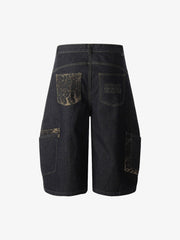 Washed Cheetah Print Patchwork Denim Jorts