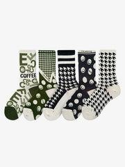 Thousand Birds Check Smiley Face Mid-calf Cotton Socks