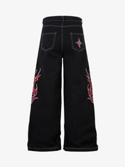 Contrast Flame Embroidered Baggy Jeans