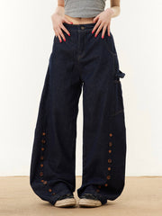 Button Embroidered Barrel Jeans