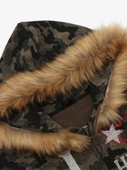 Hotfix Rhinestones Camouflage Fur Hooded Fleece Jacket